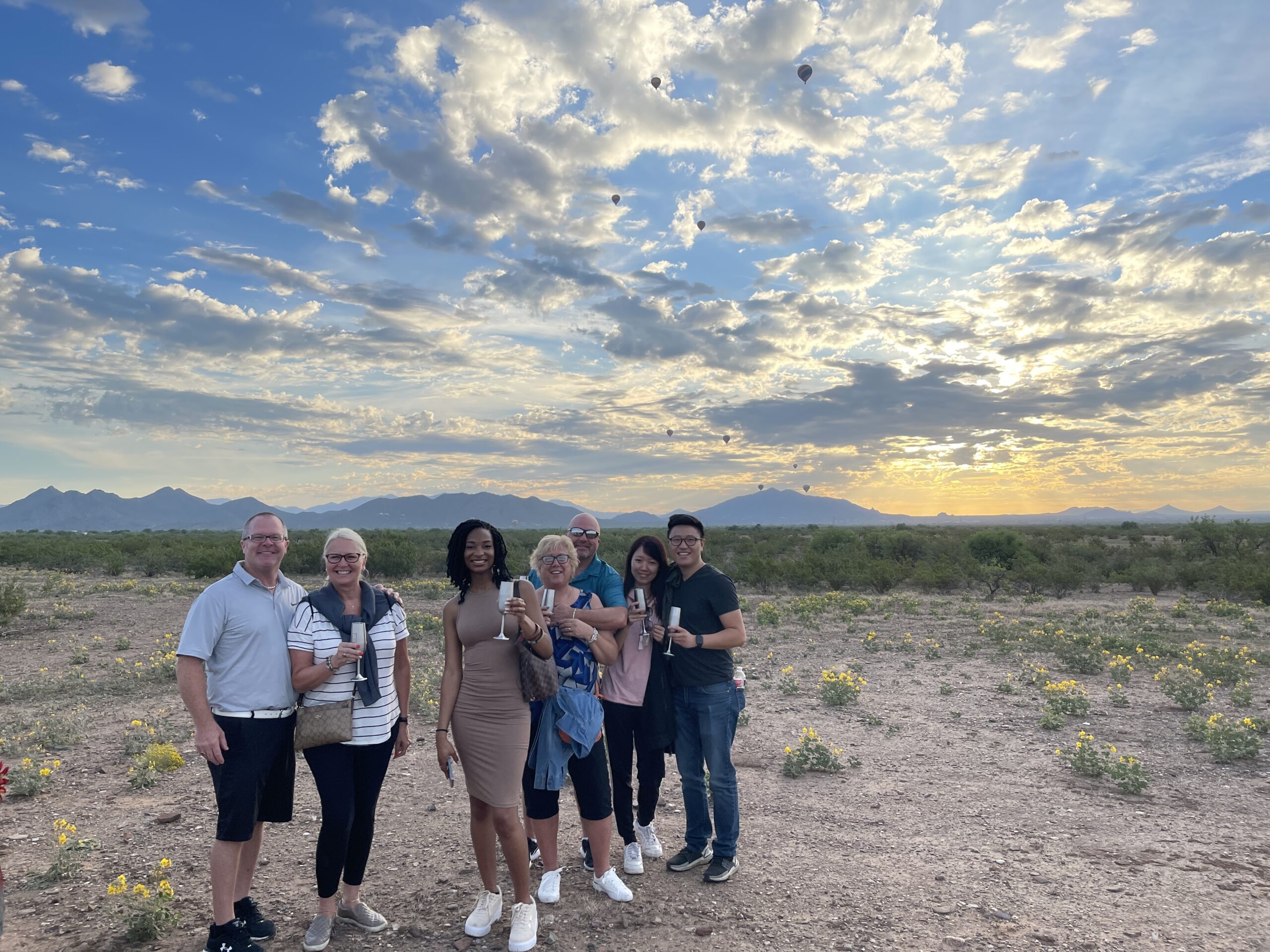 Sunrise after hot air balloon flight with passengers